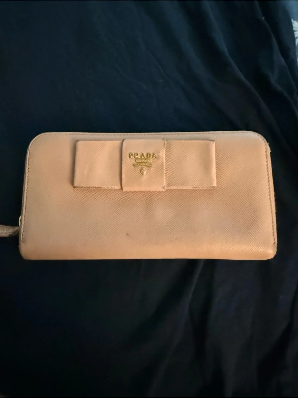 Prada Bow Zip-Around Wallet in Pale Peach with Gold Logo